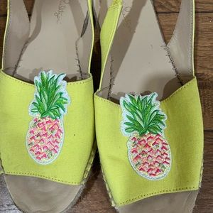 Lilly Pulitzer yellow sandals with pineapple shape embroidery